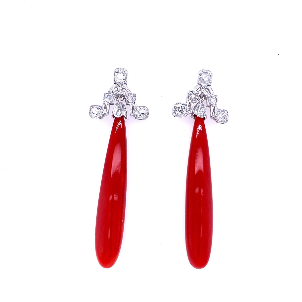 Art Deco Sardinian Coral Diamond Gold Drop Earrings - Castafiore