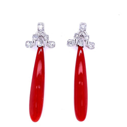 Art Deco Sardinian Coral Diamond Gold Drop Earrings - Castafiore