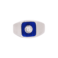 Bague or blanc, émail bleu et diamants.