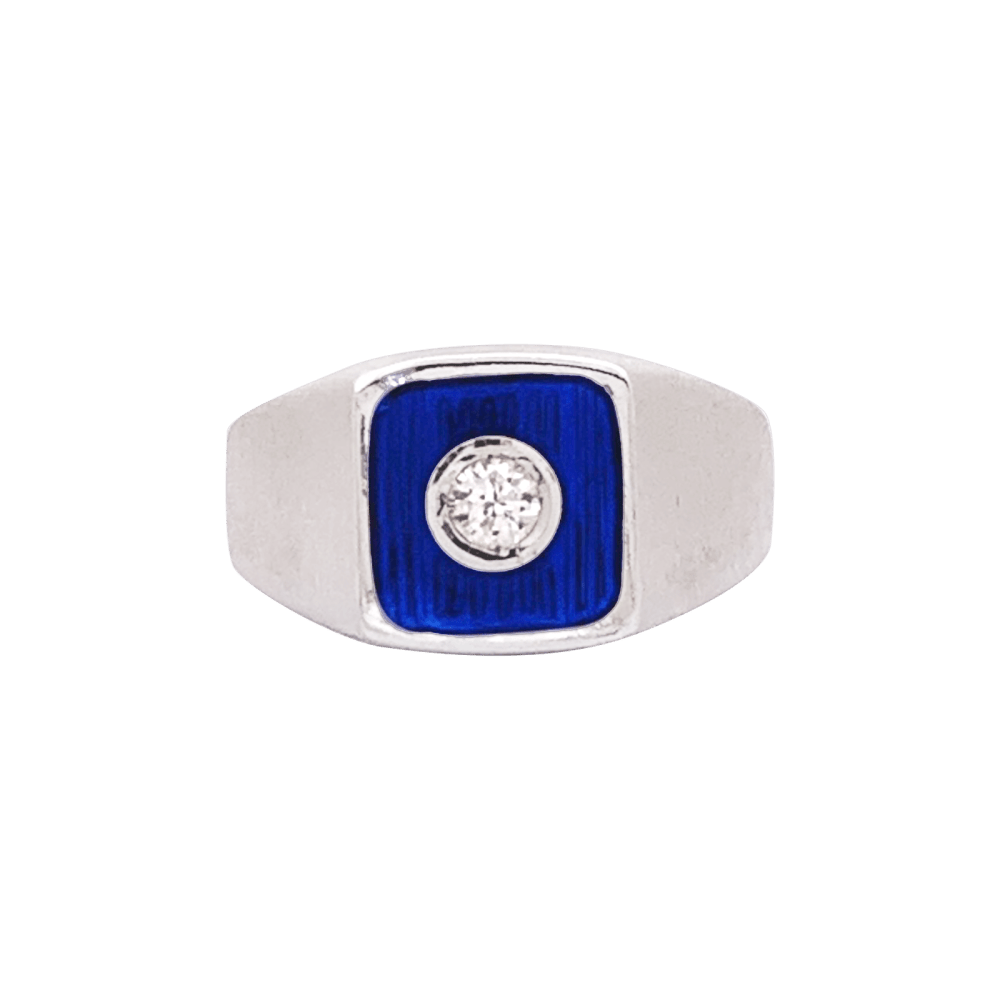 Bague or blanc, émail bleu et diamants.