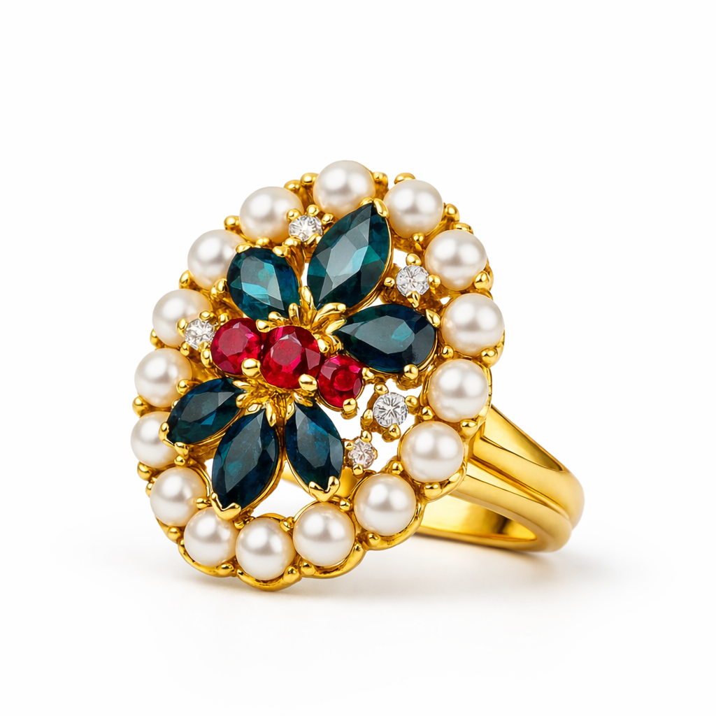 Bague en or jaune, rubis, saphirs, perles et diamants