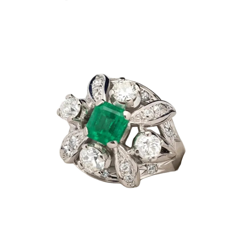 Bague Cocktail en platine, émeraude et diamants