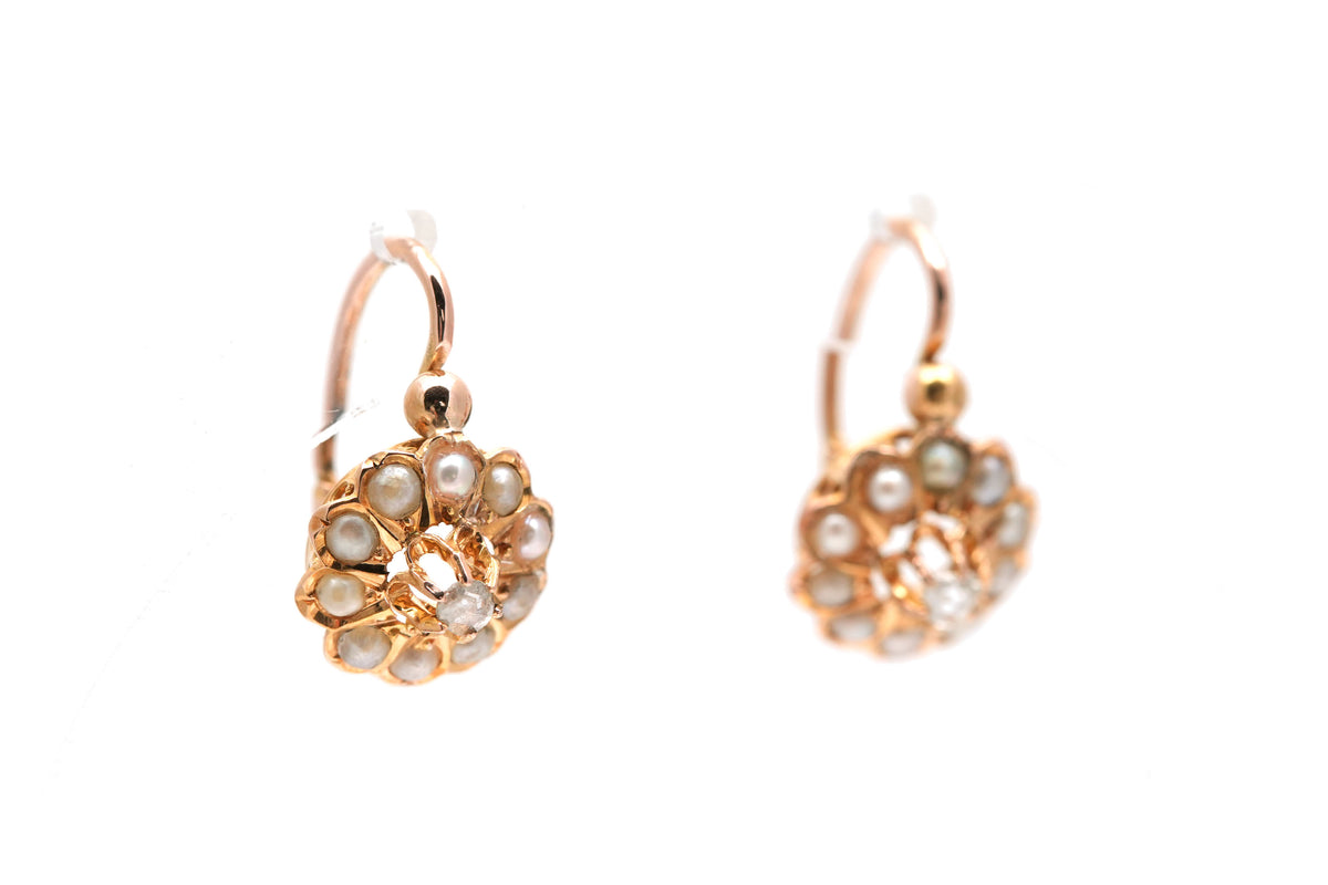 Boucles d'oreilles Dormeuses en or jaune, perles et diamants