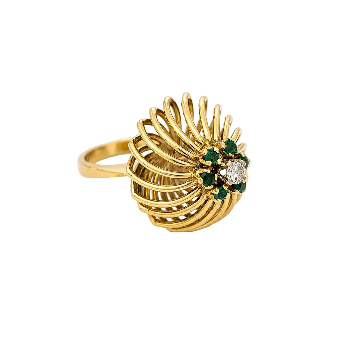 Bague Dôme en or jaune, pierres vertes et diamant