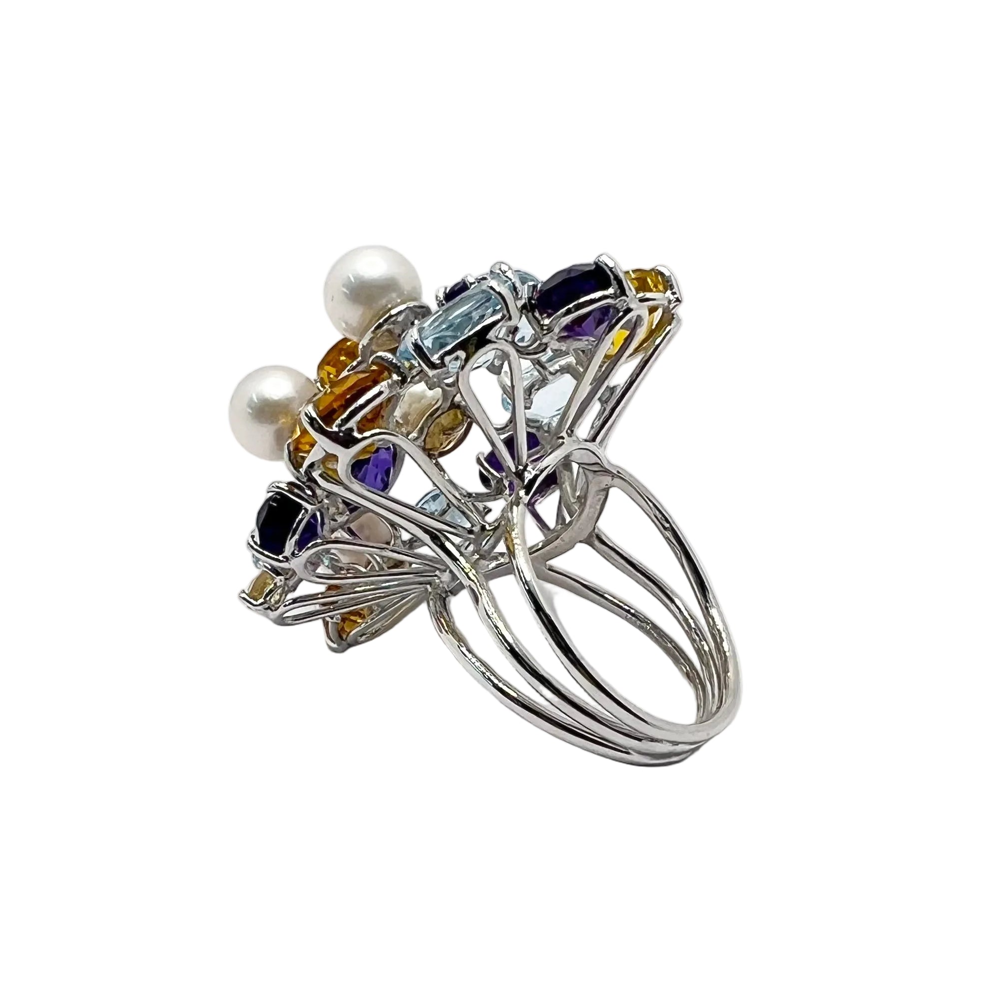 Bague Cocktail LUCIANO SOMENZI en or blanc, améthystes, quartz, topazes et perles