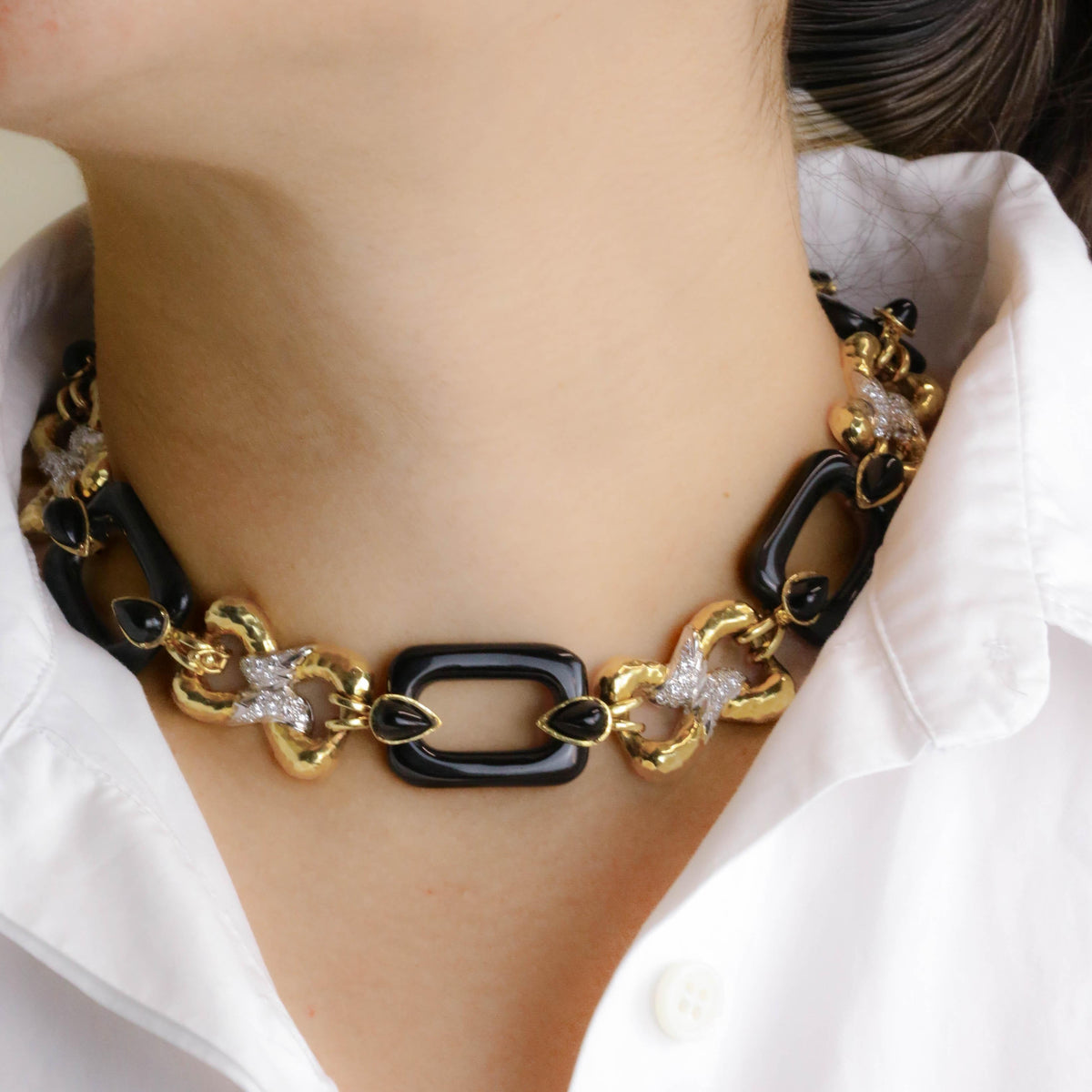Collier Maille transformable or jaune, onyx et diamants