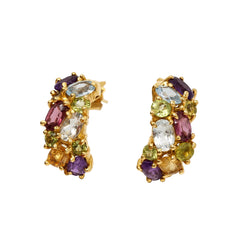Boucles d'oreilles Créoles en or jaune, aigue-marine, citrines, topazes, grenats, améthystes et péridots