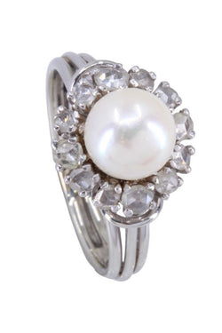 Bague 1950' perle et diamants en or blanc - Castafiore
