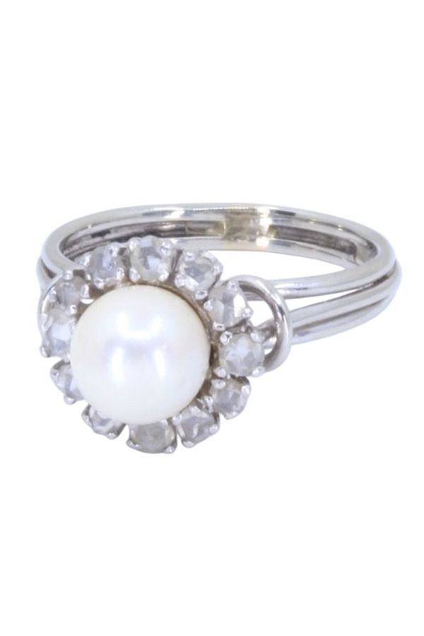 Bague 1950' perle et diamants en or blanc - Castafiore