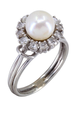 Bague 1950' perle et diamants en or blanc - Castafiore