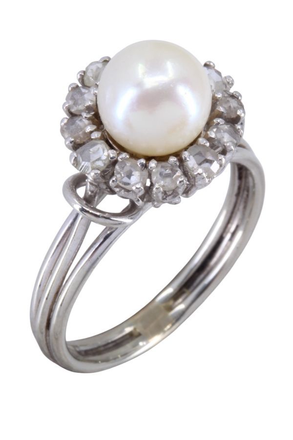 Bague 1950' perle et diamants en or blanc - Castafiore