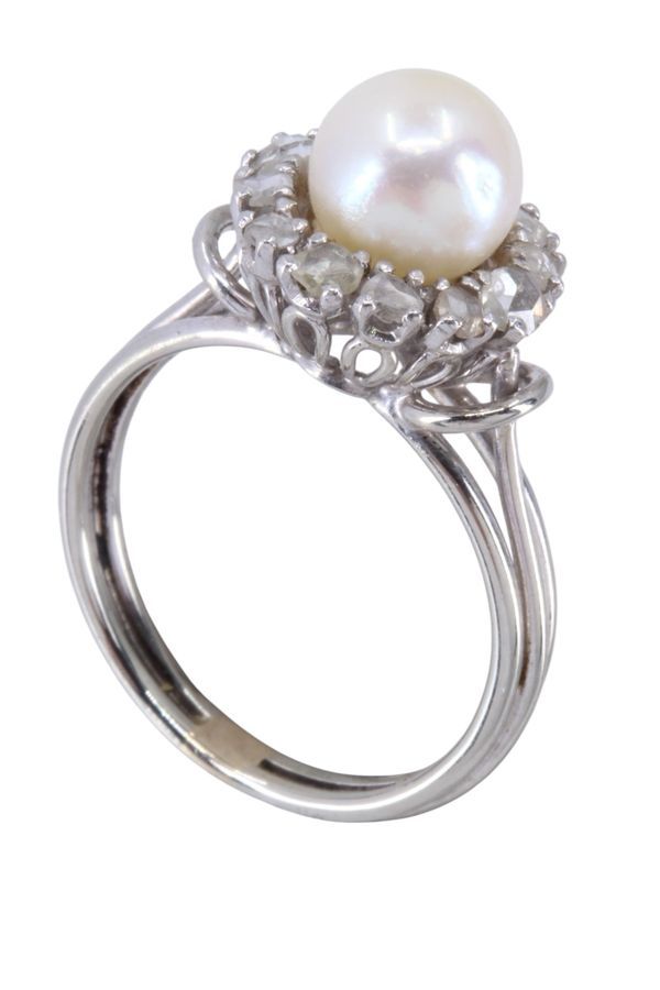Bague 1950' perle et diamants en or blanc - Castafiore
