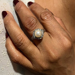 Bague 1950' perle et diamants en or blanc - Castafiore