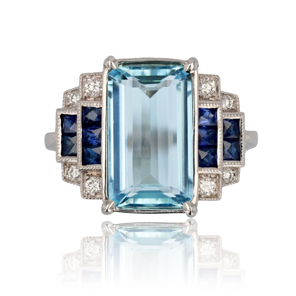Bague aigue - marine saphirs et diamants style art déco - Castafiore