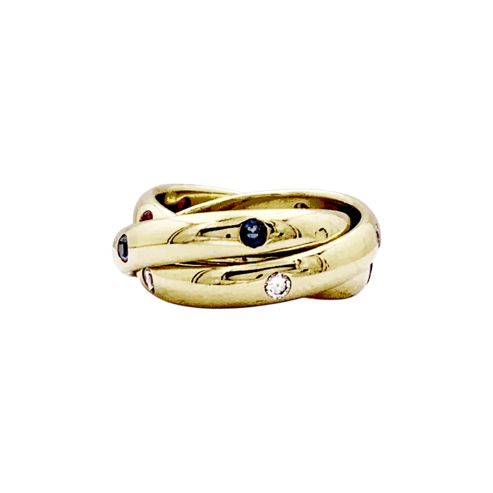 Bague Alliance CARTIER "Constellation" en or jaune, saphirs, rubis et diamants - Castafiore