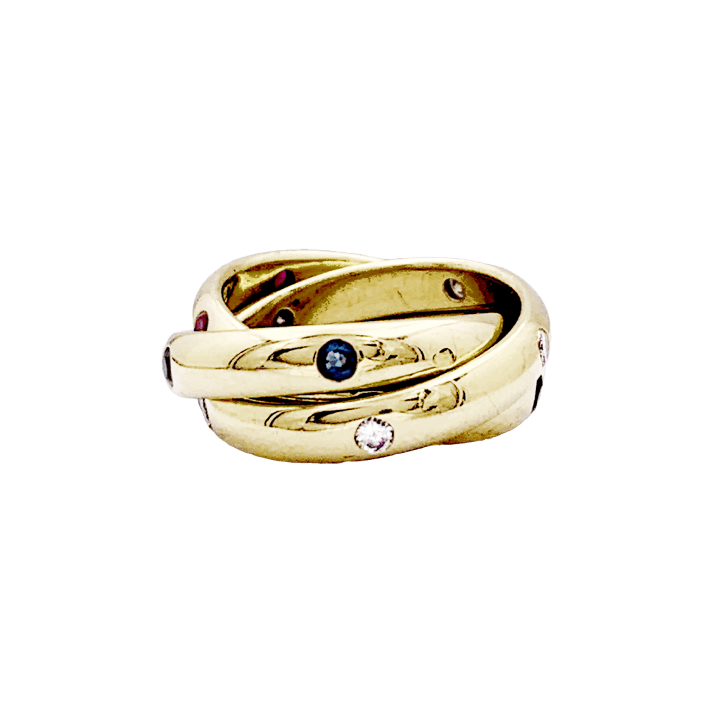 Bague Alliance CARTIER "Constellation" en or jaune, saphirs, rubis et diamants - Castafiore