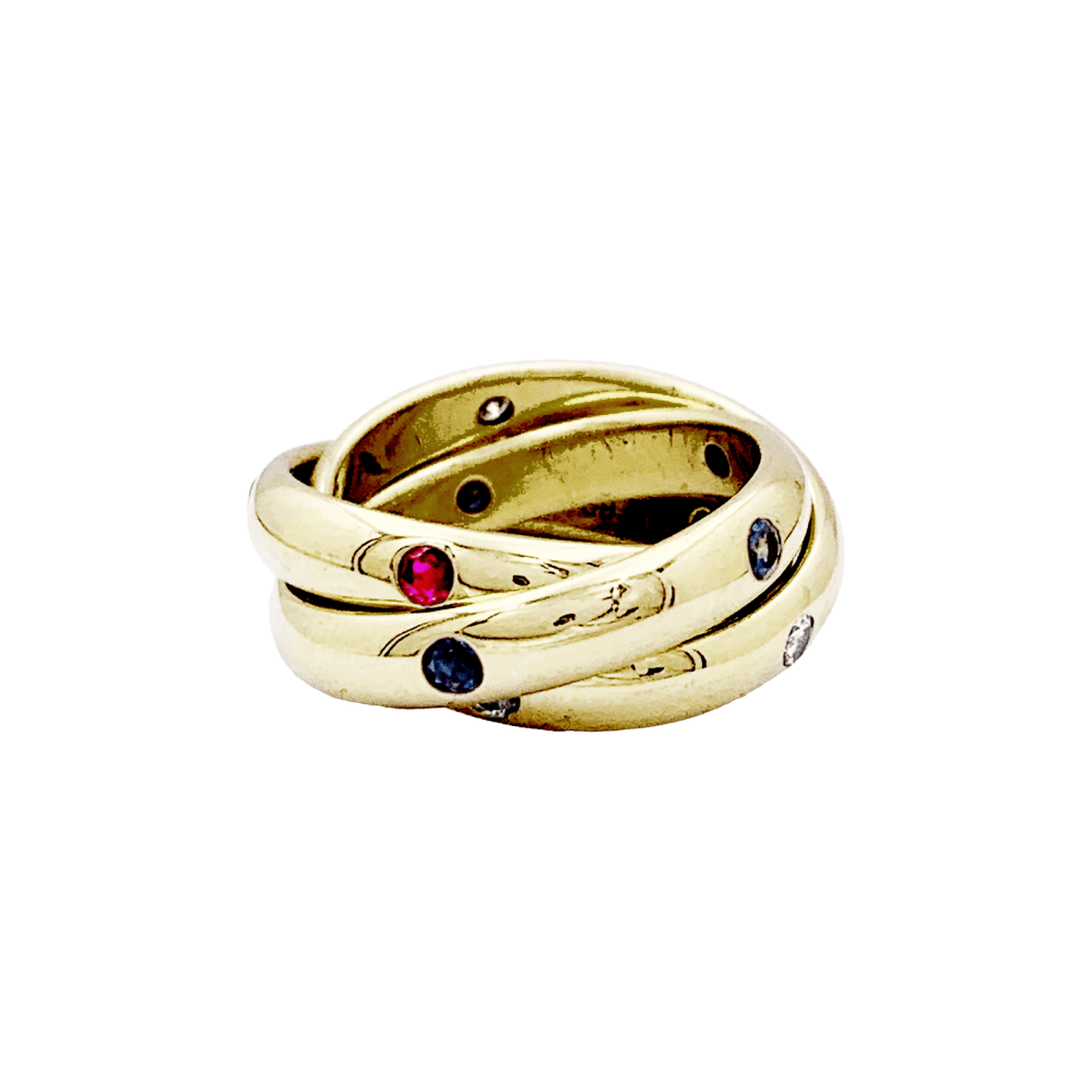 Bague Alliance CARTIER "Constellation" en or jaune, saphirs, rubis et diamants - Castafiore