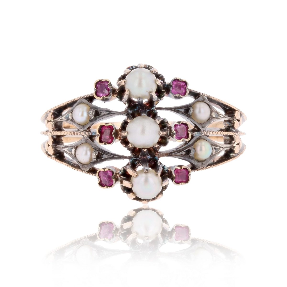 Bague ancienne 3 anneaux en or rose et argent avec perles fines et rubis - Castafiore