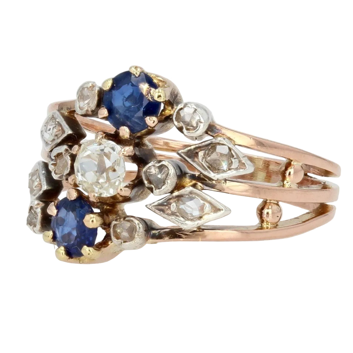 Bague ancienne 3 anneaux saphirs diamants - Castafiore