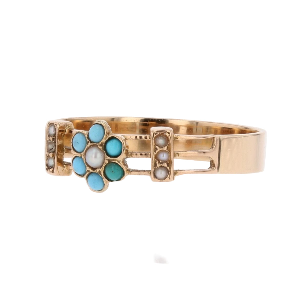 Bague ANCIENNE Ajourée fleur en or rose perles fines et turquoises - Castafiore
