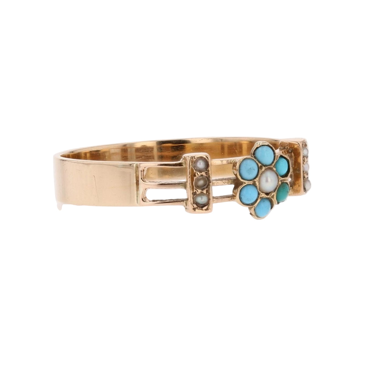 Bague ANCIENNE Ajourée fleur en or rose perles fines et turquoises - Castafiore