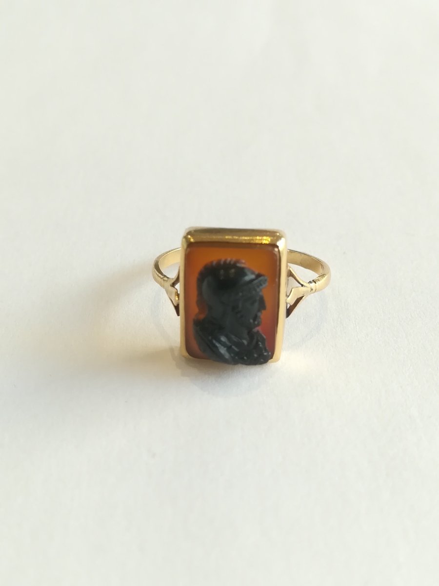 Bague Ancienne Camée Agate Guerrier Grec - Castafiore