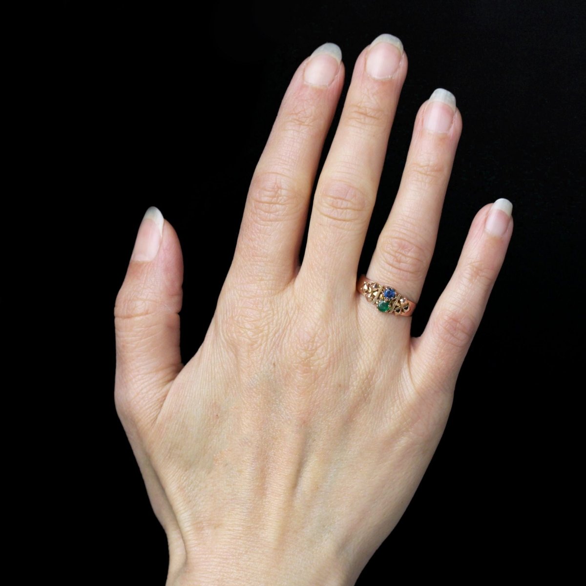 Bague ANCIENNE Émeraude saphir en or rose - Castafiore