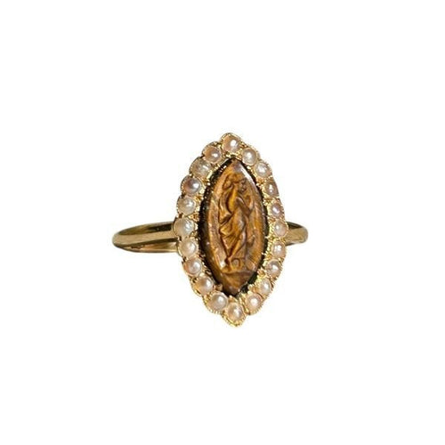 Bague Cible Antique En Or 18k Avec Perles Et émail Noir, Circa 1900 - Bague Sertie Cluster, Taille 53, Occasion