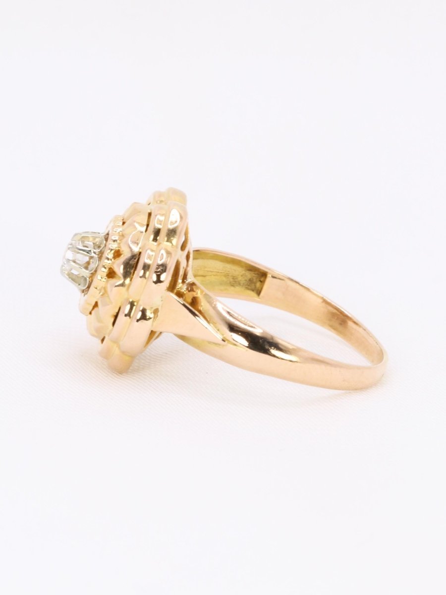 Bague ancienne fleur or jaune pierre blanche - Castafiore