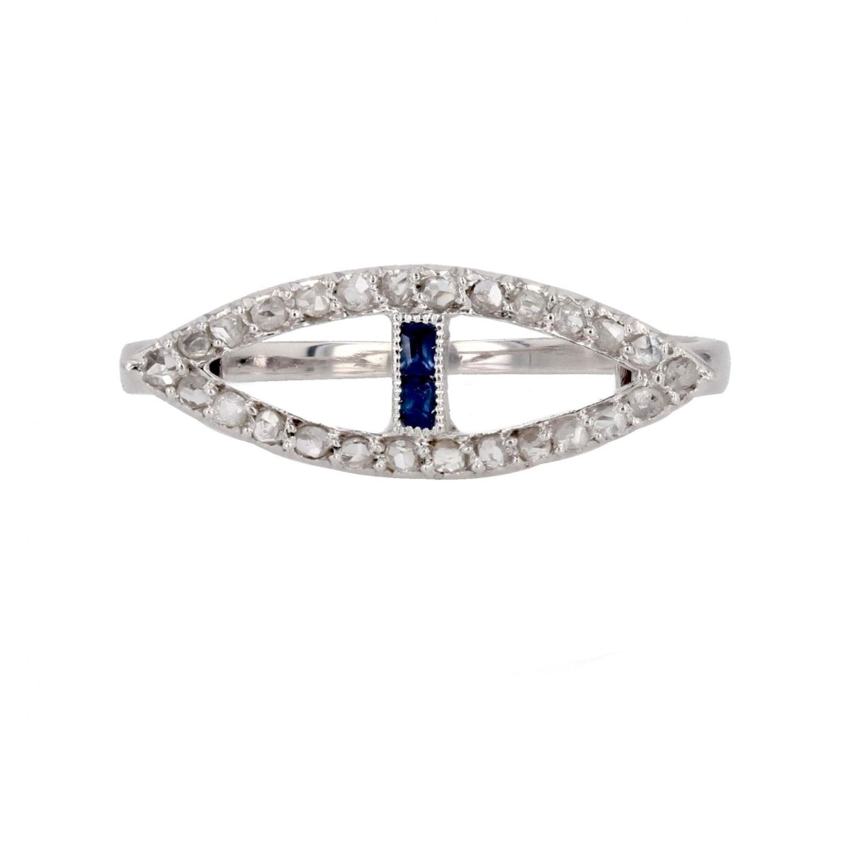 Bague ancienne navette diamants taillés en rose et saphirs - Castafiore