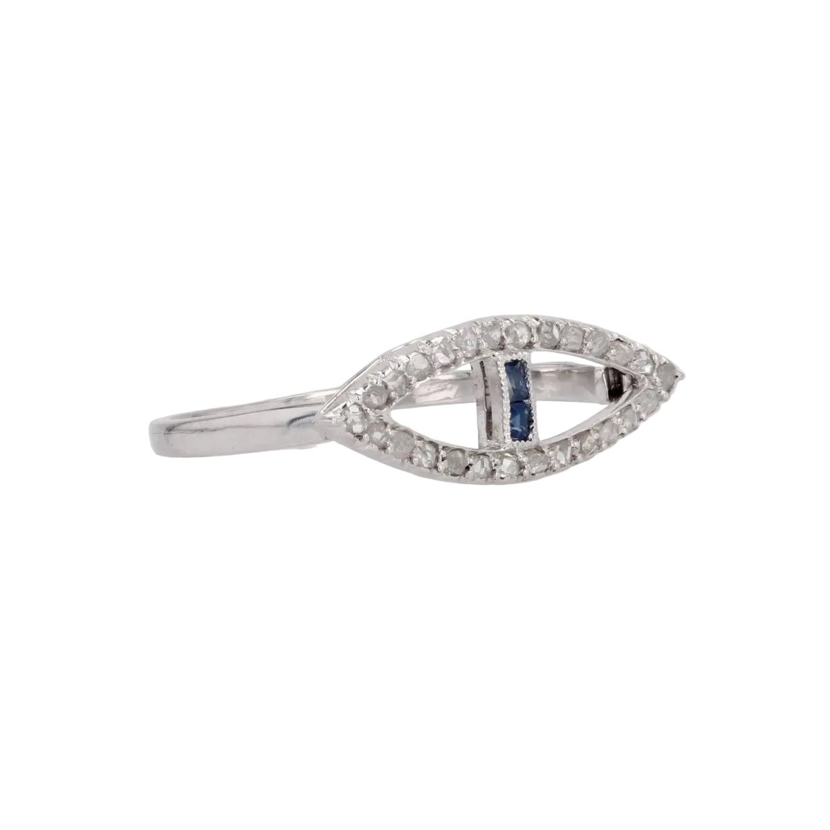 Bague ancienne navette diamants taillés en rose et saphirs - Castafiore