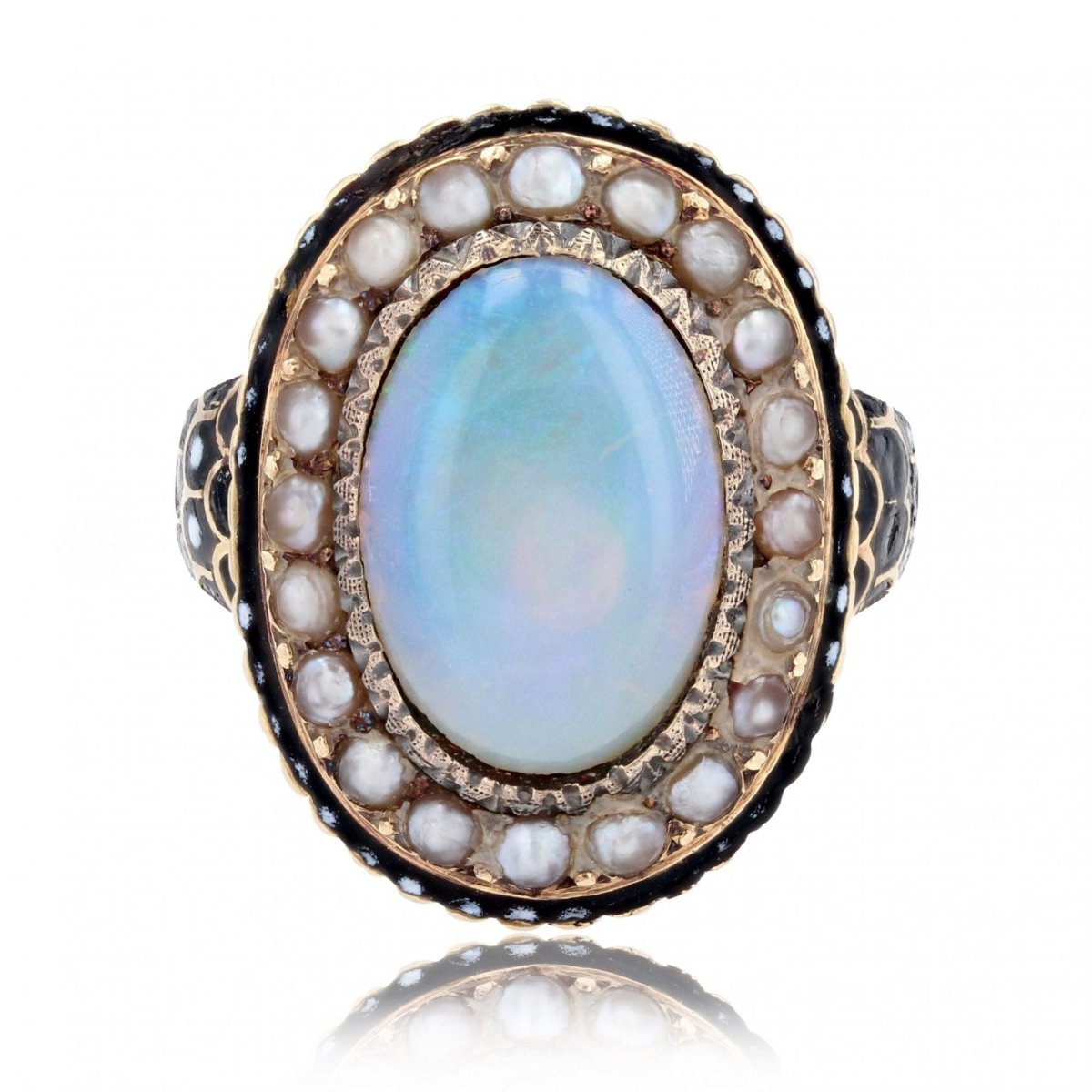 Bague ancienne opale perles fines émail - Castafiore