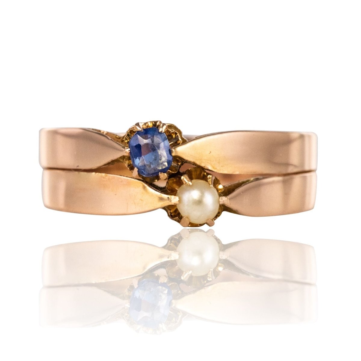 Bague ancienne or rose toi et moi perle fine saphir - Castafiore