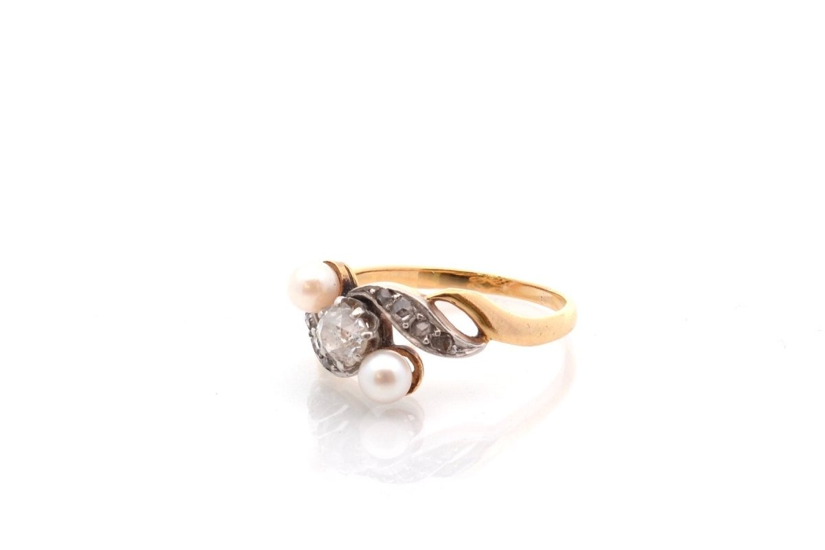 Bague ANCIENNE Perles de culture et diamants en or jaune - Castafiore