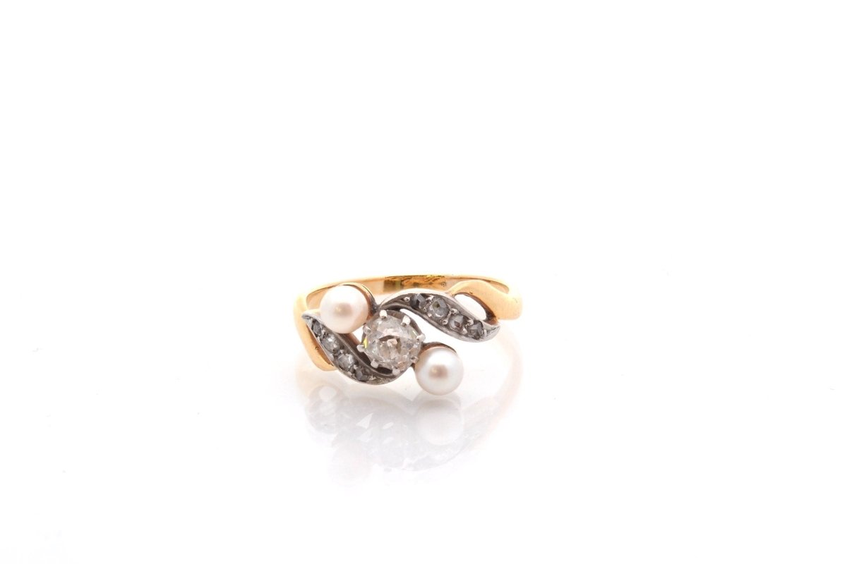 Bague ANCIENNE Perles de culture et diamants en or jaune - Castafiore