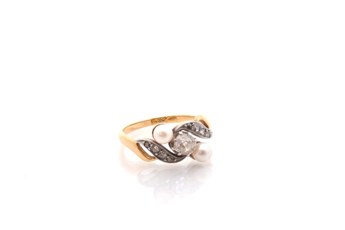 Bague ANCIENNE Perles de culture et diamants en or jaune - Castafiore