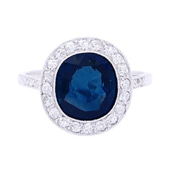 Bague ancienne platine, saphir, diamants. - Castafiore