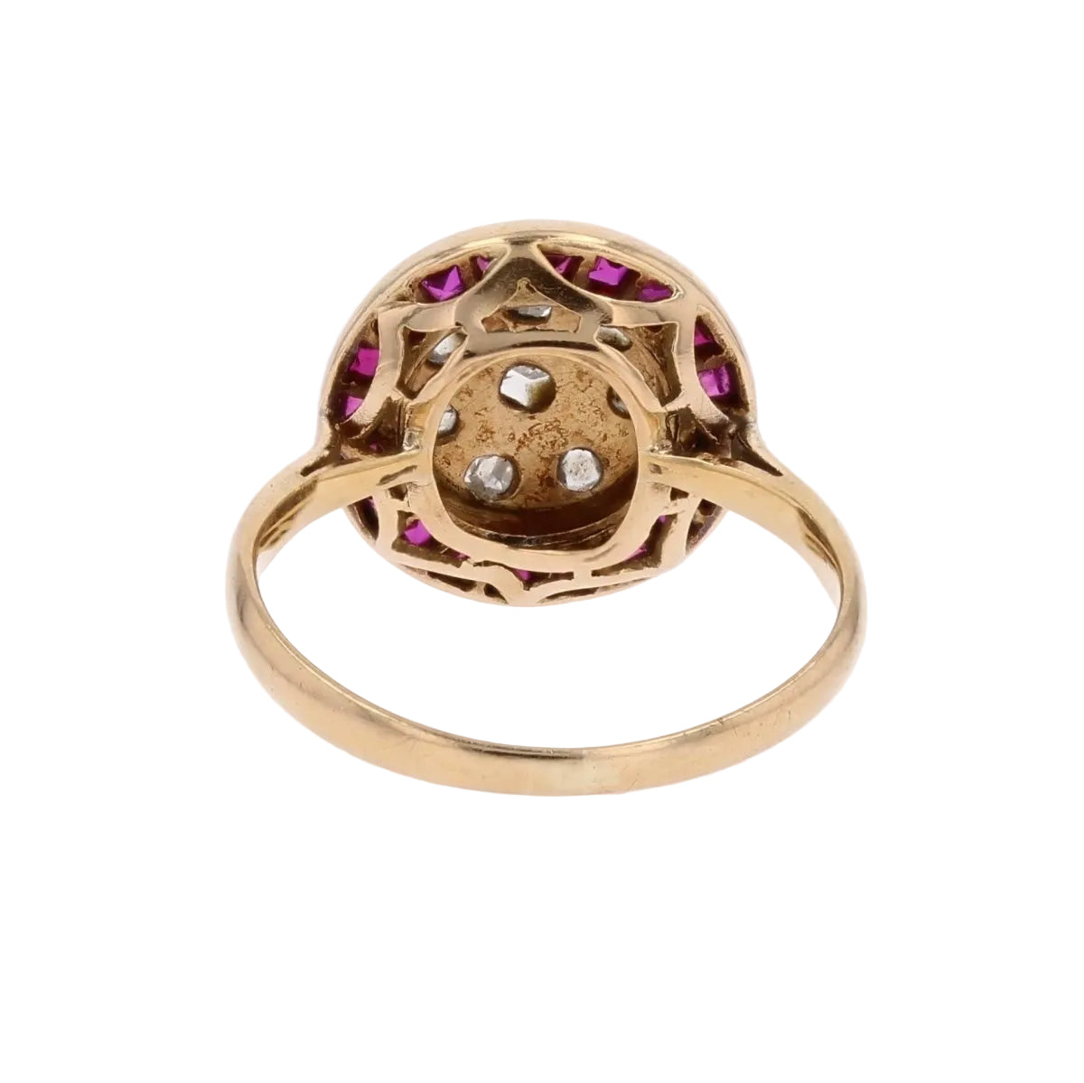 Bague ancienne ronde diamants taillés en rose et rubis calibrés - Castafiore