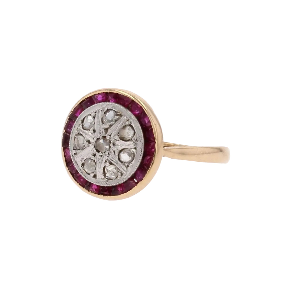Bague ancienne ronde diamants taillés en rose et rubis calibrés - Castafiore