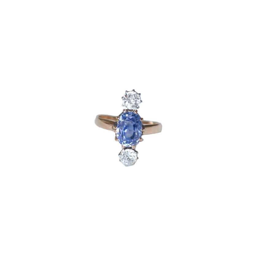 Bague Ancienne Saphir de Ceylan Non Chauffé et Diamants sur Or Rose - Castafiore