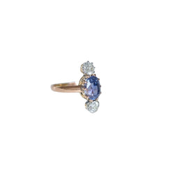 Bague Ancienne Saphir de Ceylan Non Chauffé et Diamants sur Or Rose - Castafiore
