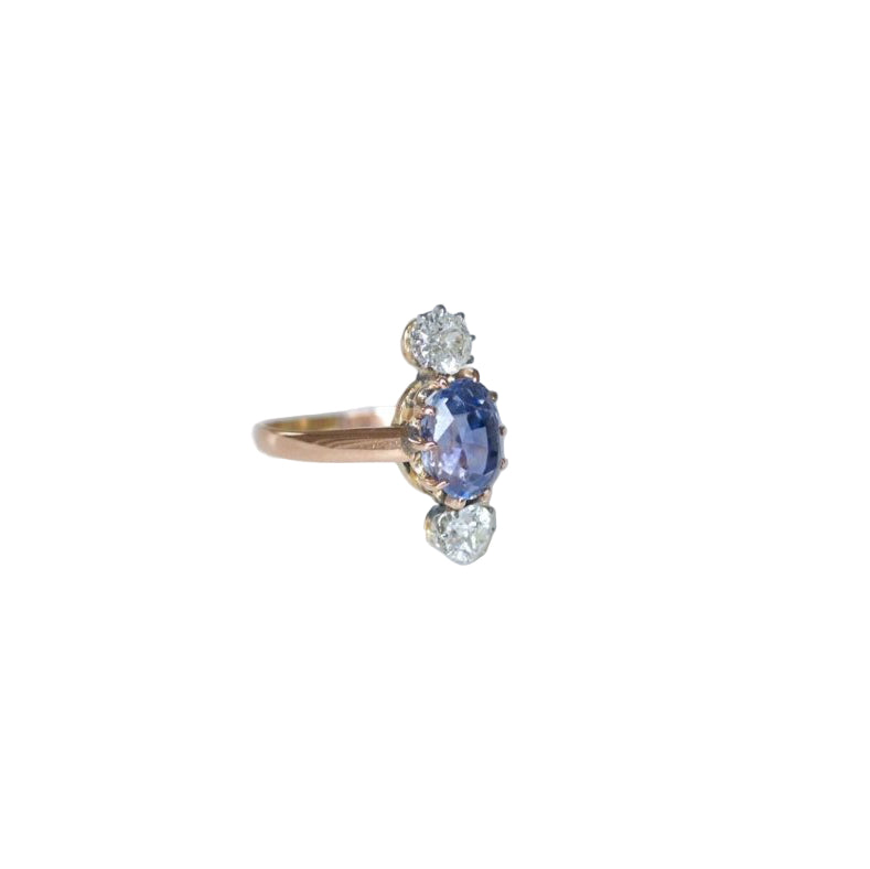 Bague Ancienne Saphir de Ceylan Non Chauffé et Diamants sur Or Rose - Castafiore