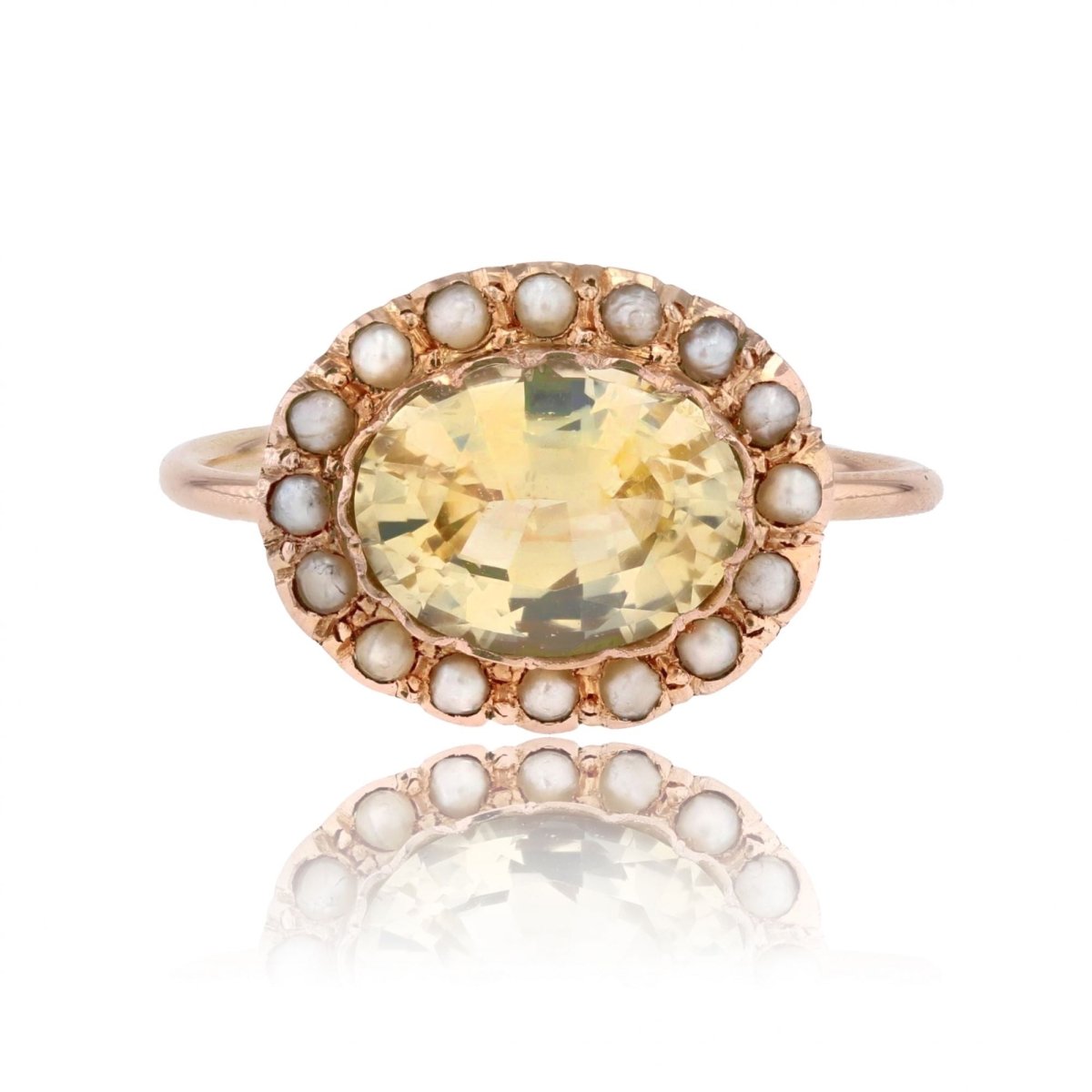 Bague ancienne saphir jaune naturel et perles fines - Castafiore