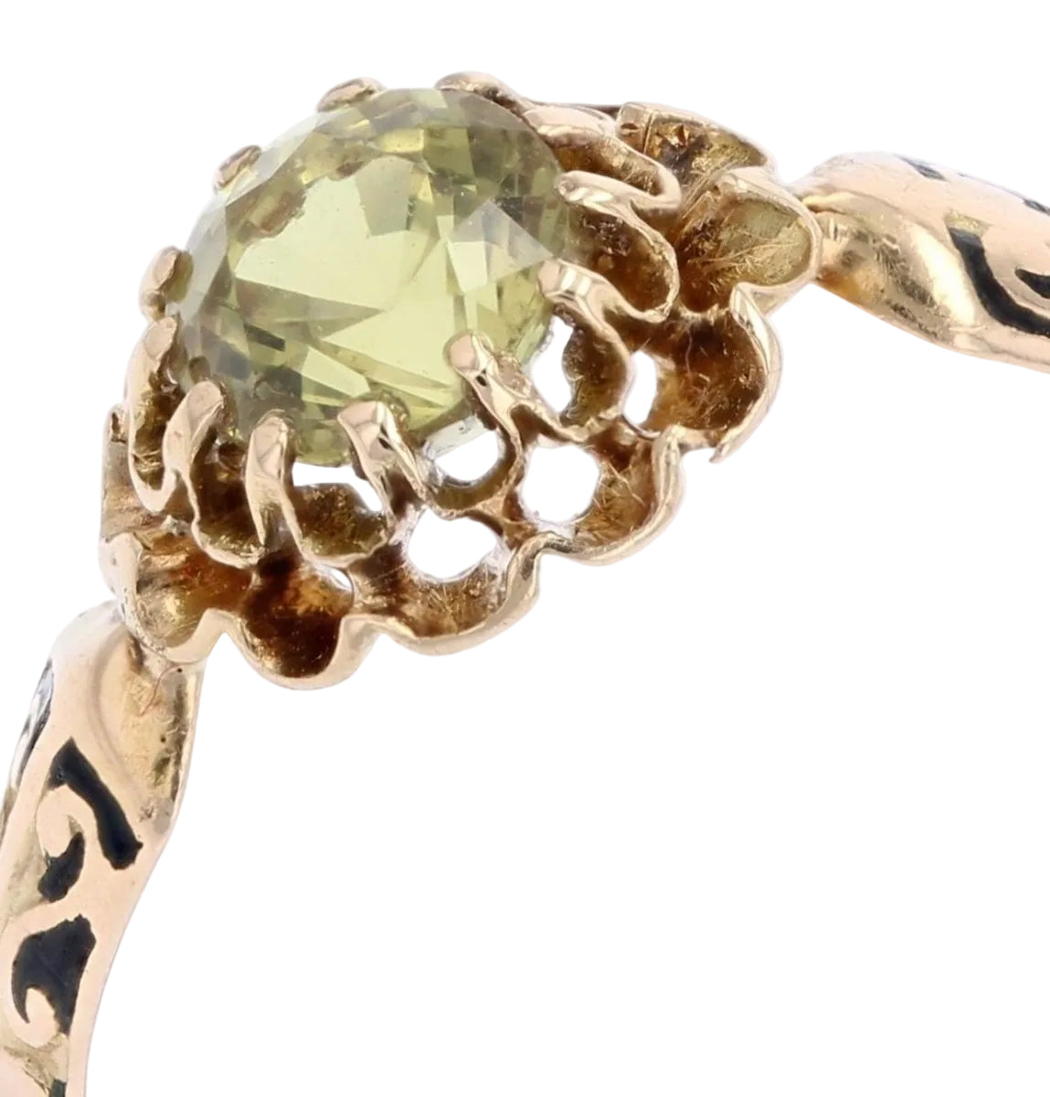 Bague ancienne saphir jaune vert et émail noir - Castafiore