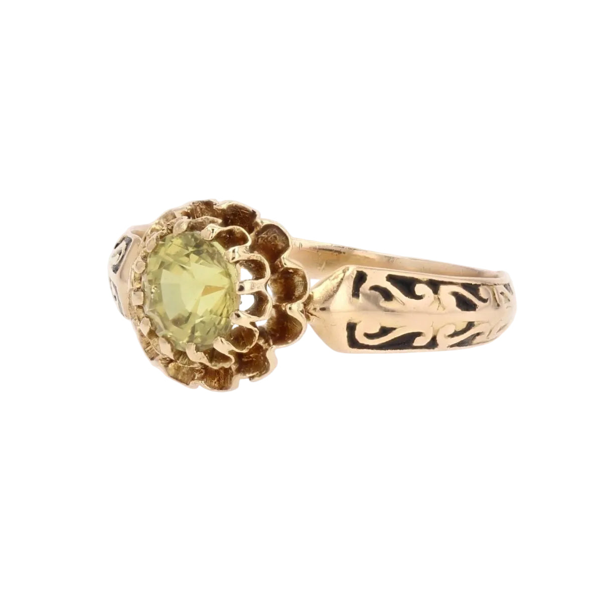 Bague ancienne saphir jaune vert et émail noir - Castafiore