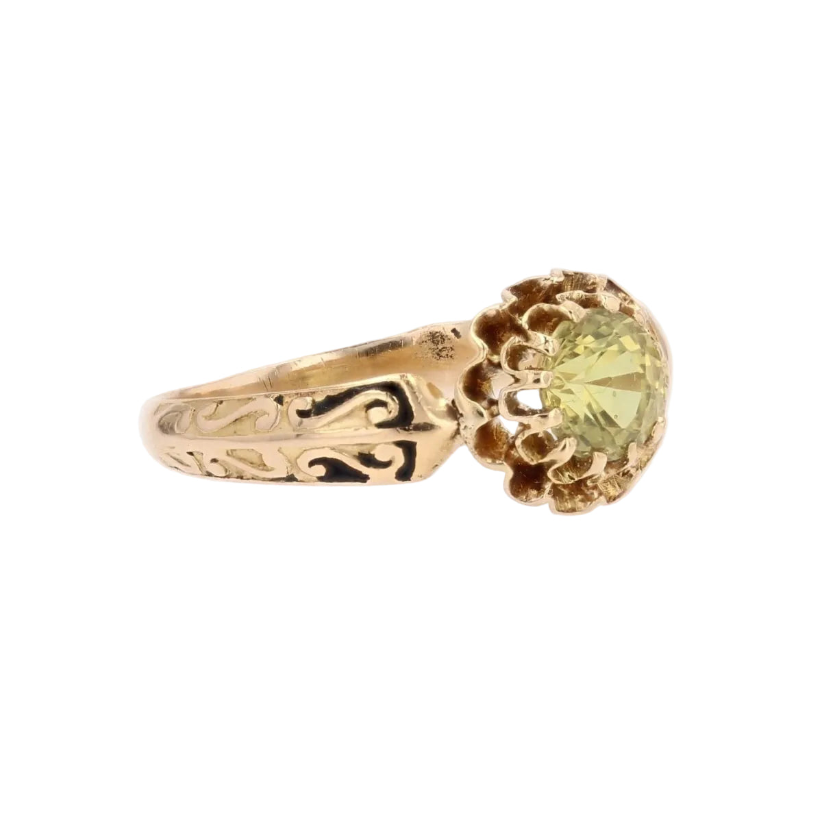 Bague ancienne saphir jaune vert et émail noir - Castafiore