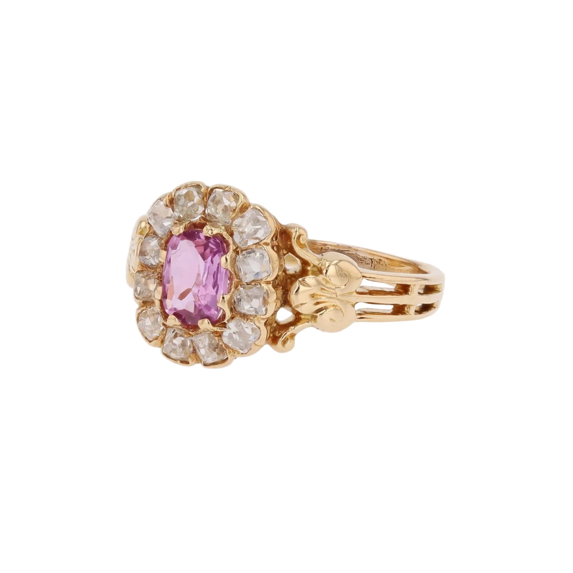 Bague ancienne marguerite saphir rose et diamants