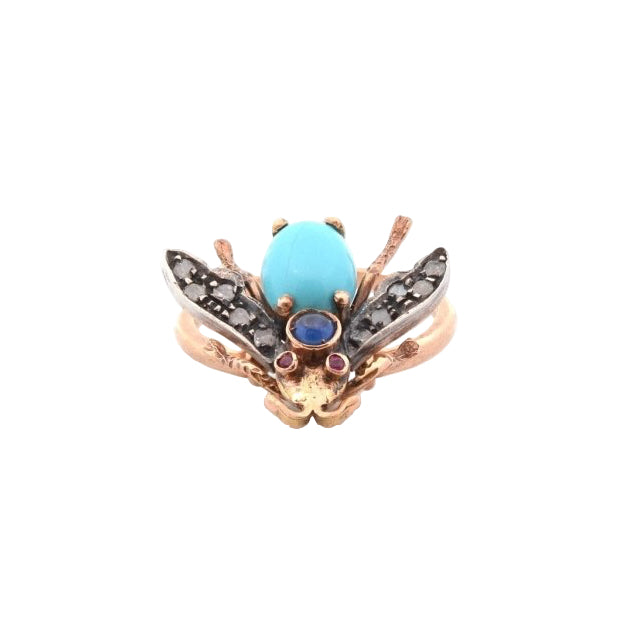 Bague ANCIENNE Turquoise et pierres précieuses en or jaune - Castafiore