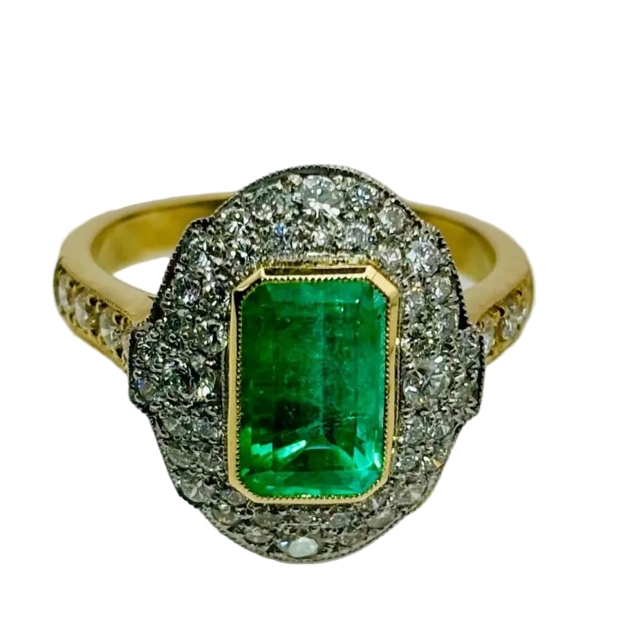 Bague ANILLO Classique en or jaune et platine avec émeraude et diamants - Castafiore