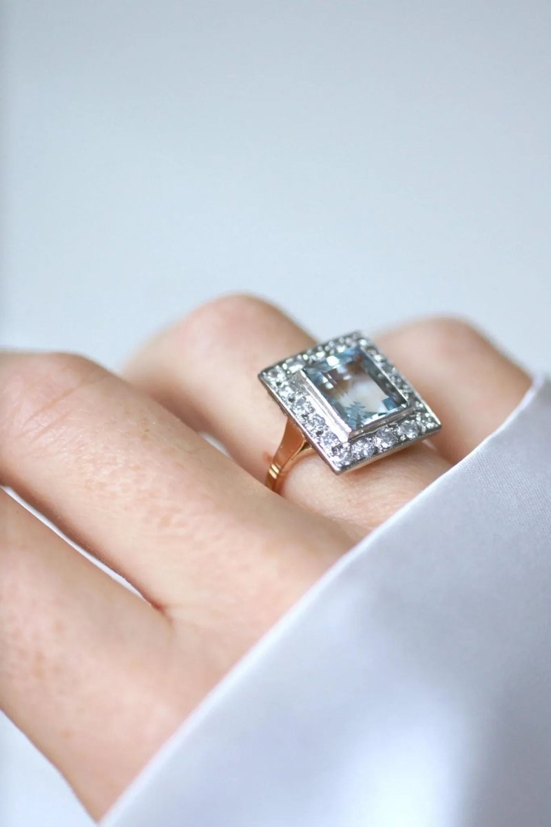 Bague Art Déco Aigue - Marine et Diamants - Castafiore